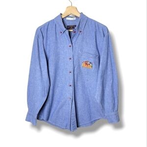Charter Club VTG Chambray Dog Embroidery Button Down Shirt Size 10